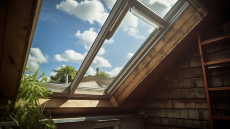 Dormer wooden window in the white sloping ceiling overlooking the blue sky. Sunlight enters the room through a closed windowの素材