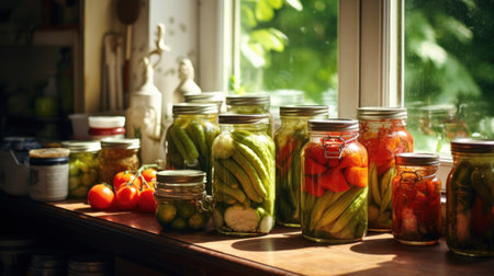 Canned vegetables in glass jars in window. Fermentation of foodの素材