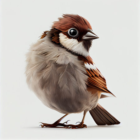 Sparrows as the most common birds in the human environment Eurasian tree sparrow in dynamics isolated on a white background.の素材