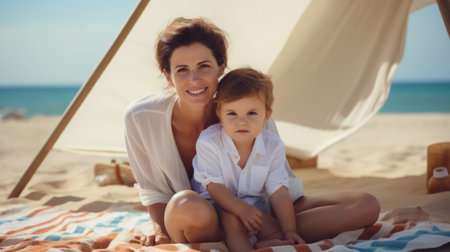 A young mother and daughter in white dresses are sitting on a rocky ocean shore at sunset.の素材