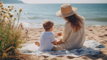 A young mother and daughter in white dresses are sitting on a rocky ocean shore at sunset.の素材