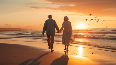 Sharing a romantic moment at the beach. Rearview of a happy senior couple touching their foreheads together on a seaside bridge. Retired elderly couple spending some quality time together.の素材