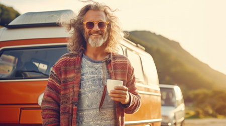 Portrait of an old hipster in front of van holds cup of coffee looking at camera.の素材