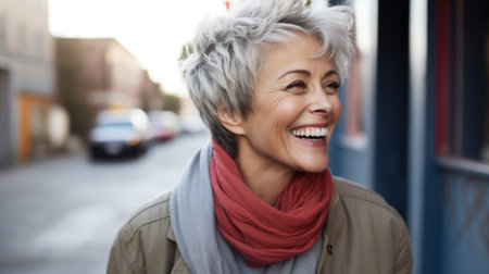 Portrait of happy woman on city street looking at camera. Beautiful girl standing outdoors in winter with a toothy smile. Cheerful university student.の素材
