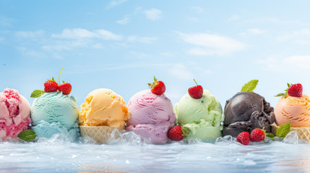 Set of various ice cream scoops in waffle cones.の素材