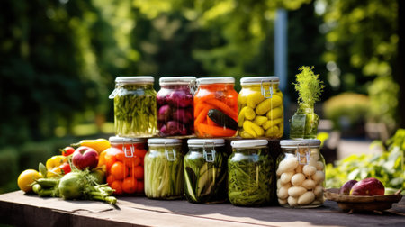 Preserves vegetables in glass jars in an old box. On the black chalkboardの素材