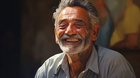 Indoors Portrait of happy elderly Latina man. Life in village.の素材