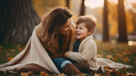 Happy mom and daughter outdoors. Young mother spends time with her beloved daughter in forest, they are sitting on the couch in casual wear hugging and smiling under a plaid.の素材
