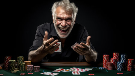 Senior male poker player gesturing thumbs up with cards and poker chips. The background is blurred dark.の素材