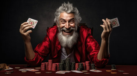 Senior male poker player gesturing thumbs up with cards and poker chips. The background is blurred dark.の素材