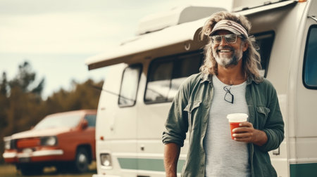 Portrait of an old hipster in front of van holds cup of coffee looking at camera.の素材