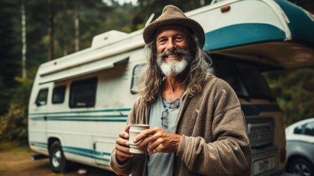 Portrait of an old hipster in front of van holds cup of coffee looking at camera.の素材