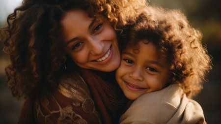 Happy mom and daughter at home. A young mother spends time with her beloved daughter at home, they are sitting on the couch in casual wear hugging and smiling under a plaid. Good time at homeの素材