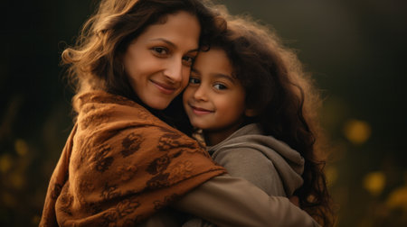 Happy mom and daughter at home. A young mother spends time with her beloved daughter at home, they are sitting on the couch in casual wear hugging and smiling under a plaid. Good time at homeの素材