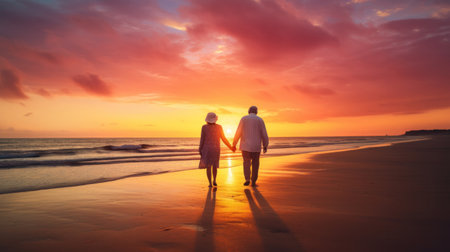Sharing a romantic moment at the beach. Rearview of a happy senior couple touching their foreheads together on a seaside bridge. Retired elderly couple spending some quality time together.の素材