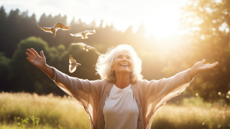 Happy senior woman with hands up standing in autumn park. Adult woman smiling looks up with raised hands. Yellow trees on background. Retirement, elderly health, life insurance, free breathing conceptの素材