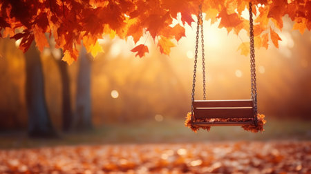 Empty rustic wooden swing hanging by rope on large live oak tree branch in the autumn fall countryside at a farm or ranch looking serene peaceful calm relaxing beautiful southern......の素材
