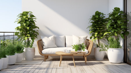 Summer terrace with stylish trendy outdoor furniture at a luxurious travel destination.の素材