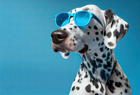 comical photo Dalmatian Dog in blue sunglasses on studio background.の素材