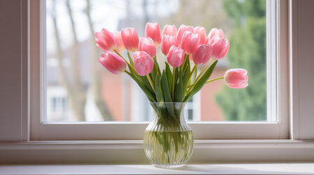 Beautiful tulips with bulbs on window sill indoorsの写真素材