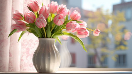 Beautiful tulips with bulbs on window sill indoorsの写真素材