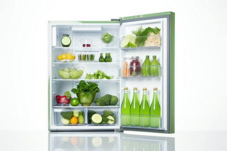 Studio shot of an open fridge full of healthy food products isolated on white background.の素材