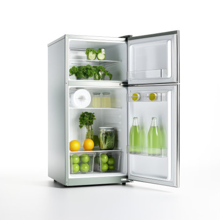 Studio shot of an open fridge full of healthy food products isolated on white background.の素材