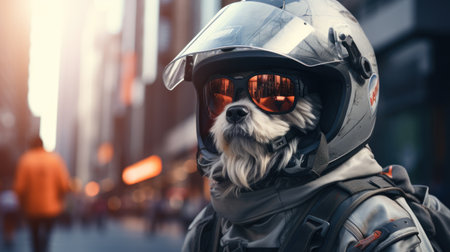 Dog wearing sunglasses is sitting on motorcycle in protective helmet. Dog biker drive on motorcycle outdoorsの素材