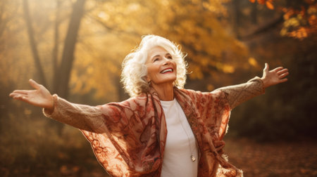 Happy senior woman with hands up standing in autumn park. Adult woman smiling looks up with raised hands. Yellow trees on background. Retirement, elderly health, life insurance, free breathing conceptの素材