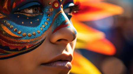 Beautiful carnival dancer close up portrait. Brazilian folk festival, costumes with colorful feathersの素材