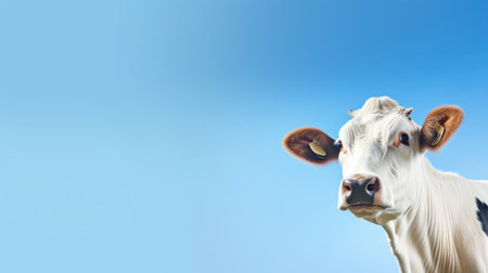 Funny cute cow isolated on white. Talking black and white cow close up. Funny curious cow. Farm animals. Pet cow isolated on white close looking at the cameraの素材