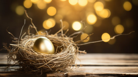Golden Easter Eggs in birds Nest on nature background. Easter Holiday concept abstract background copy space.の素材