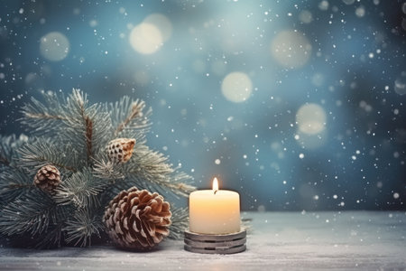 Christmas candles and ornaments over xmas background with lights.の素材