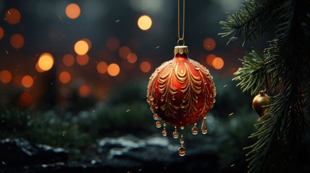 Christmas decorations on the Christmas tree on background. Selective focus with shallow depth of fieldの素材