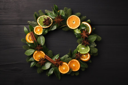 Christmas composition. Wreath made of spices and dry oranges Flat lay, top view, copy space.の素材