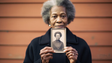 seventy-year-old woman holding a photo of herself in her youth against the background of the houseの素材