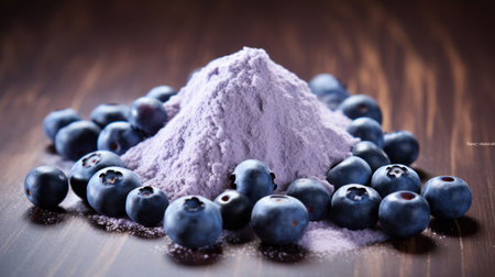 Bio fruit blueberry protein pink powder in wooden bowl isolated on white background. sublimate, raw material for the food industry.の素材
