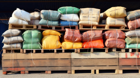 Coffee bags in a warehouse, ready to exportの素材