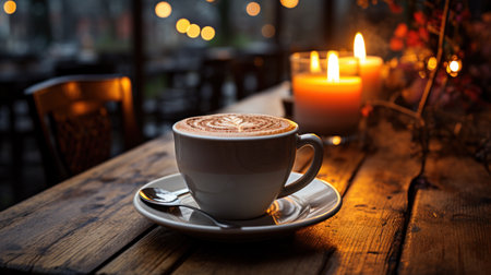 Cup of coffee with christmas decorations on dark wooden tableの素材