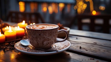 Cup of coffee with christmas decorations on dark wooden tableの素材
