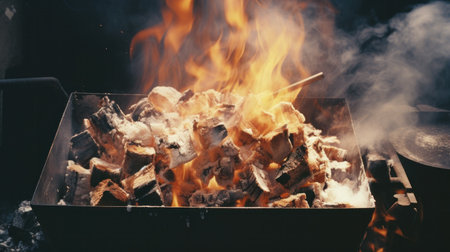 Burning wood chips to form coal. Barbecue preparation, fire before cookingの素材