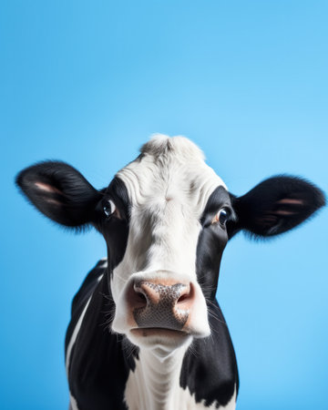 Funny cute cow isolated on white. Talking black and white cow close up. Funny curious cow. Farm animals. Pet cow isolated on white close looking at the cameraの素材