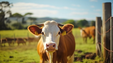 Animal background banner panorama - Funny cow in the mountains Alps, on green fresh meadow.の素材