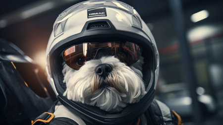 Dog wearing sunglasses is sitting on motorcycle in protective helmet. Dog biker drive on motorcycle outdoorsの素材
