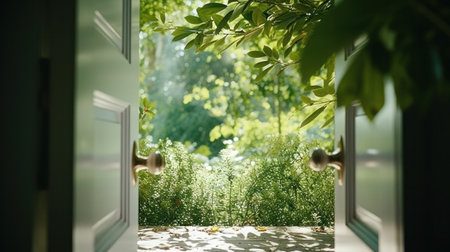 The entrance door is beautiful.There are light and shadow striking golden poles, look through the view of green trees are not far, calm, playful.の素材