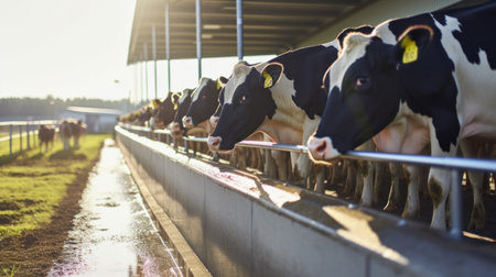 Healthy dairy cows feeding on fodder standing in row of stables in cattle farm barn with worker adding food for animals in blurred background. Concept of farming business and taking care of livestock.の素材