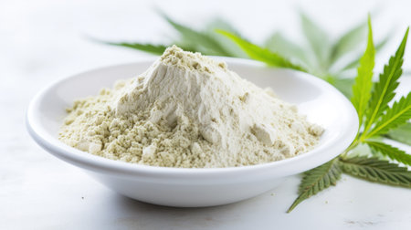 Composition with hemp protein powder and seeds on wooden board, closeupの素材