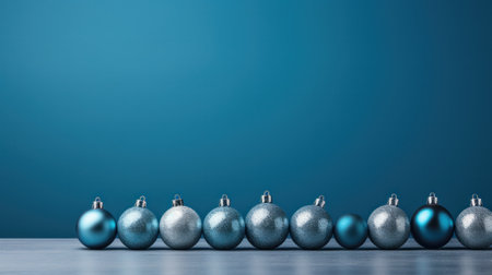 Row of color christmas balls hanging on strings over blue background.の素材