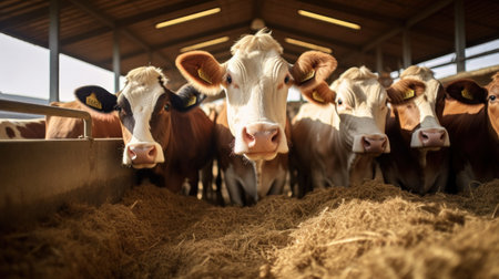 Healthy dairy cows feeding on fodder standing in row of stables in cattle farm barn with worker adding food for animals in blurred background. Concept of farming business and taking care of livestock.の素材