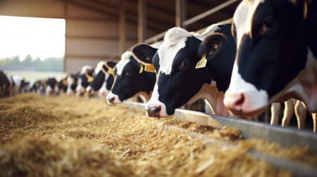 Healthy dairy cows feeding on fodder standing in row of stables in cattle farm barn with worker adding food for animals in blurred background. Concept of farming business and taking care of livestock.の素材
